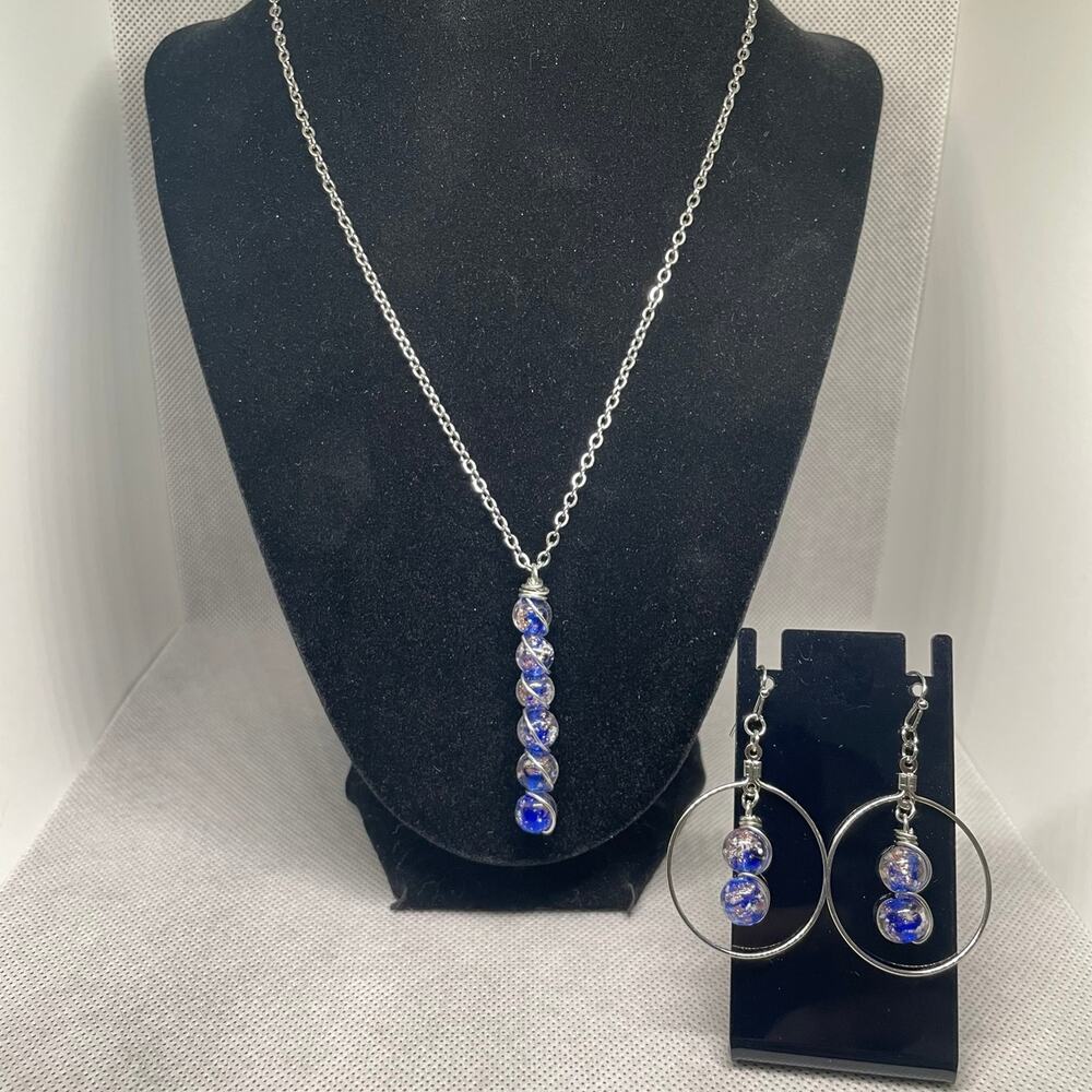 Dark Blue Firefly Beads Wrapped With Copper-core Wire Necklace & Earring Set